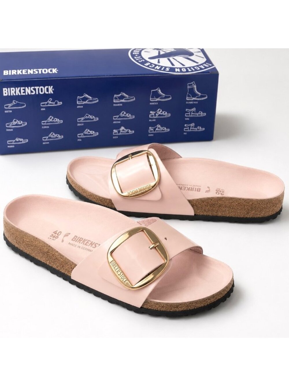 Birkenstock Madrid Big Buckle Leather Patent High Shine Sandal Light Rose EU 40